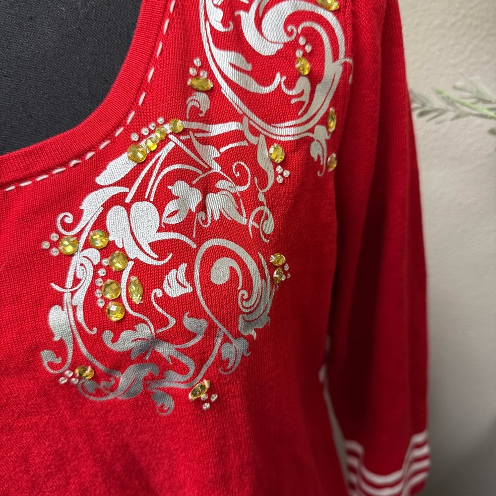 Peter Nygard Red Embellished Knit Top XL 3/4 Sleeve Striped Cuffs - Picture 2 of 9